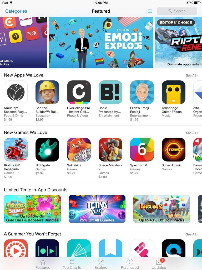 2016 iPad App Store Featured page showing Spectrum 6 in the New Games We Love row.