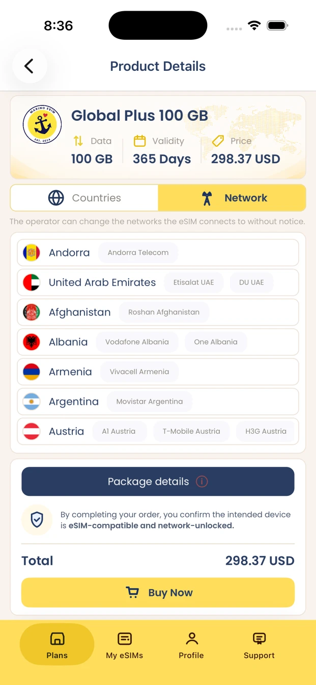 Marino eSIM product details showing a plan’s country and network coverage.